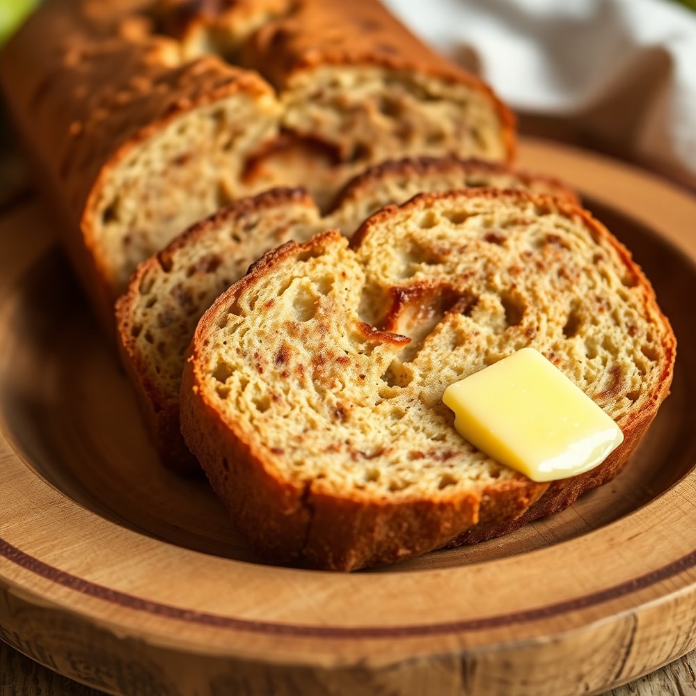Sliced cinnamon apple bread on a wooden plate with a side of butter
