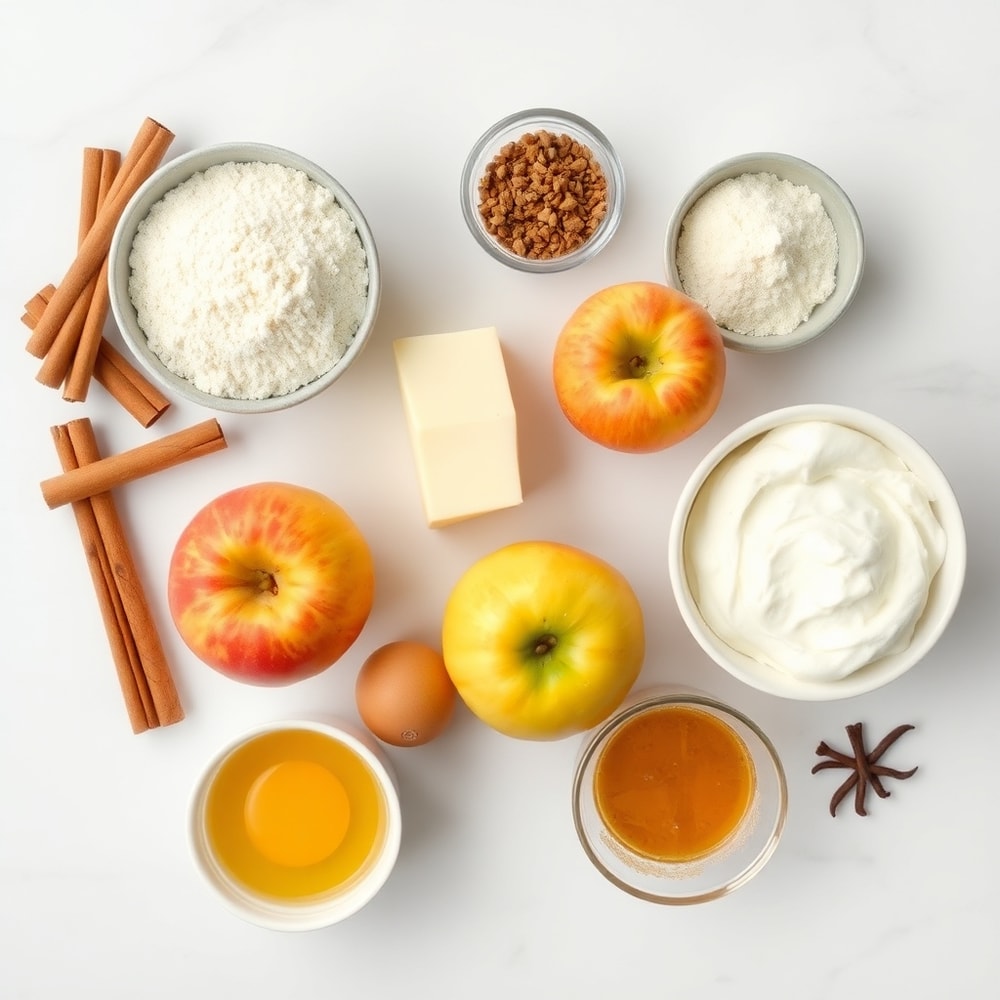 Raw ingredients for cinnamon apple bread including apples, cinnamon, and flour