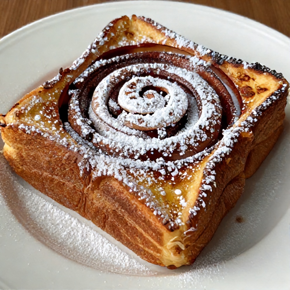 Plated serving of Cinnamon Overnight French Toast Bake with a dusting of powdered sugar