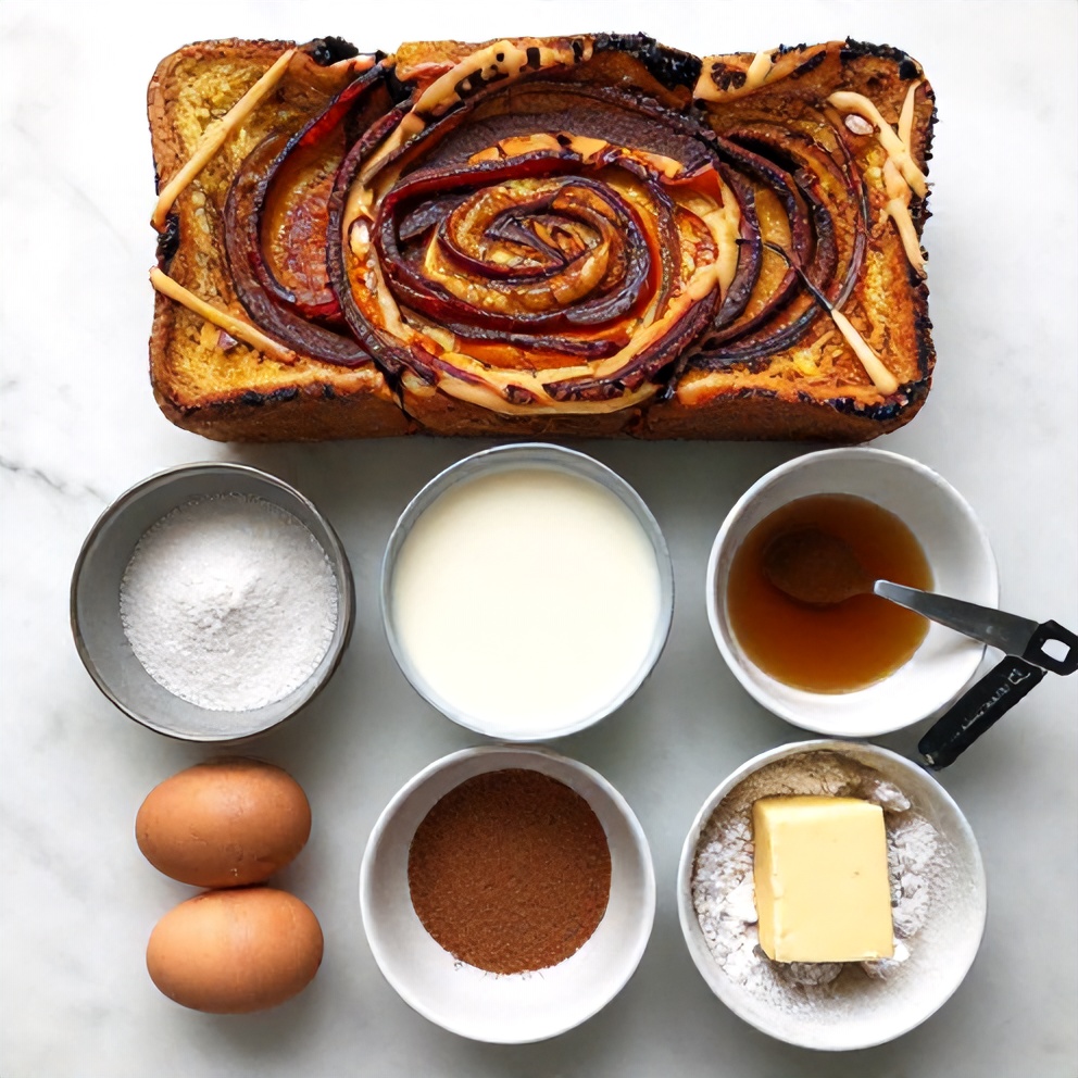 Raw ingredients for Cinnamon Overnight French Toast Bake arranged in an overhead flat lay