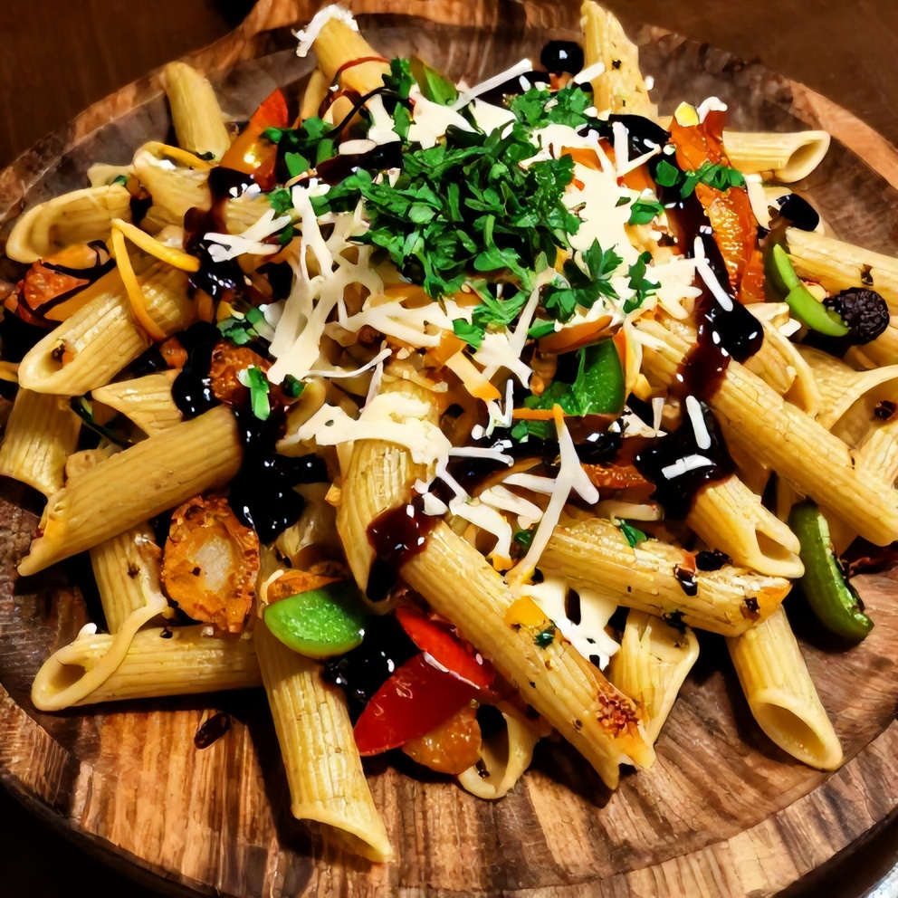 Plated serving of Classic Italian Pasta Salad on a rustic wooden board