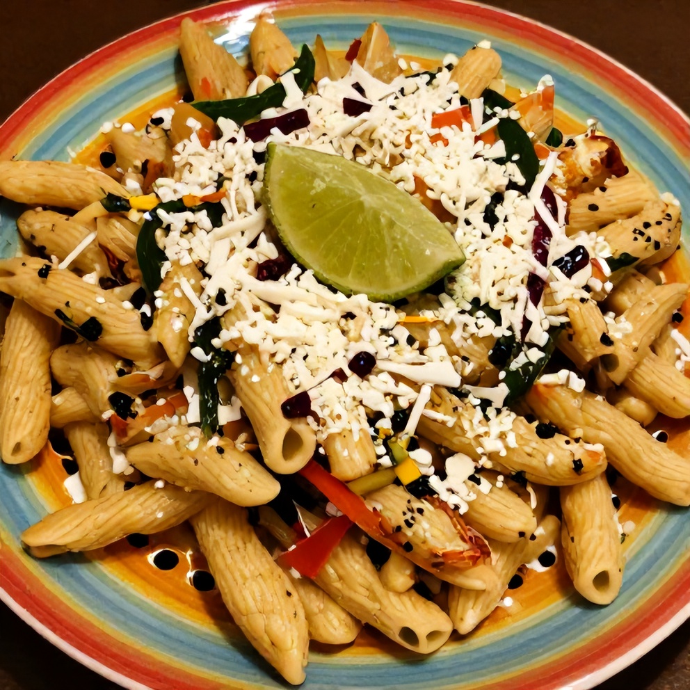 Close-up of Cotija Mexican Style Elote Pasta Salad with a lime wedge