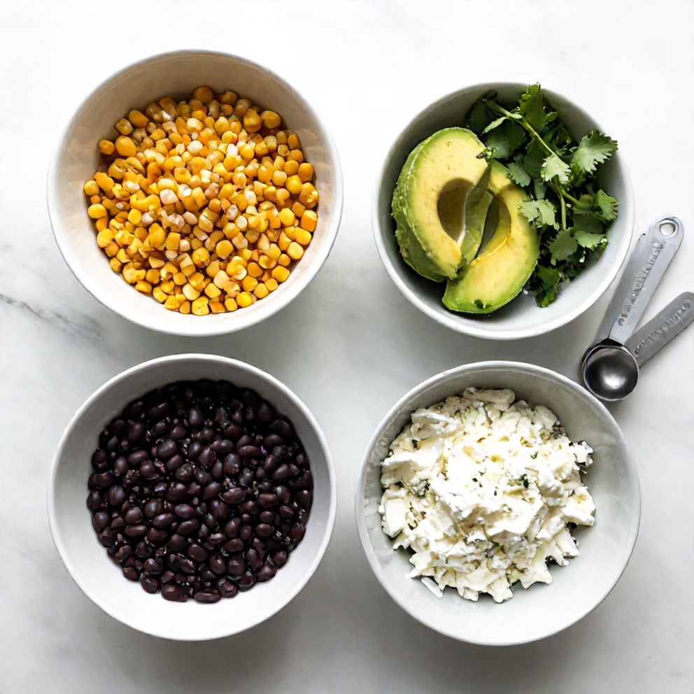 Raw ingredients for Cotija Mexican Style Elote Pasta Salad on a white marble surface