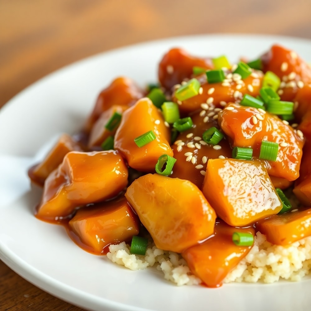 Plated Brown Sugar Pineapple Chicken with green onions