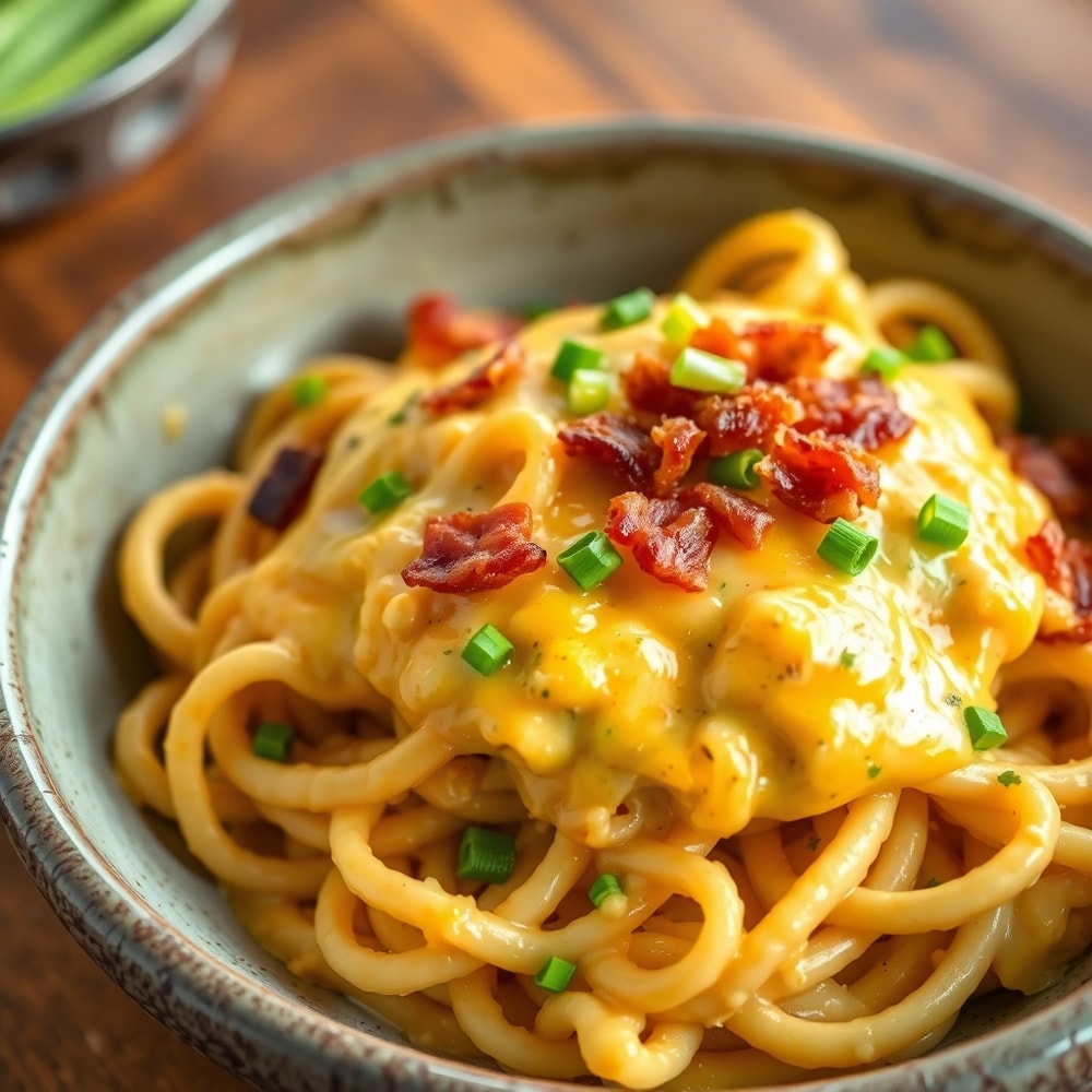 Plated serving of Crack Chicken Pasta with creamy cheese sauce and crispy bacon topping