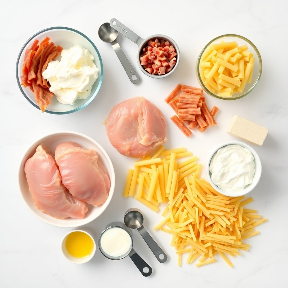 Raw ingredients for Crack Chicken Pasta including chicken breasts, bacon, pasta, cream cheese, and cheddar cheese