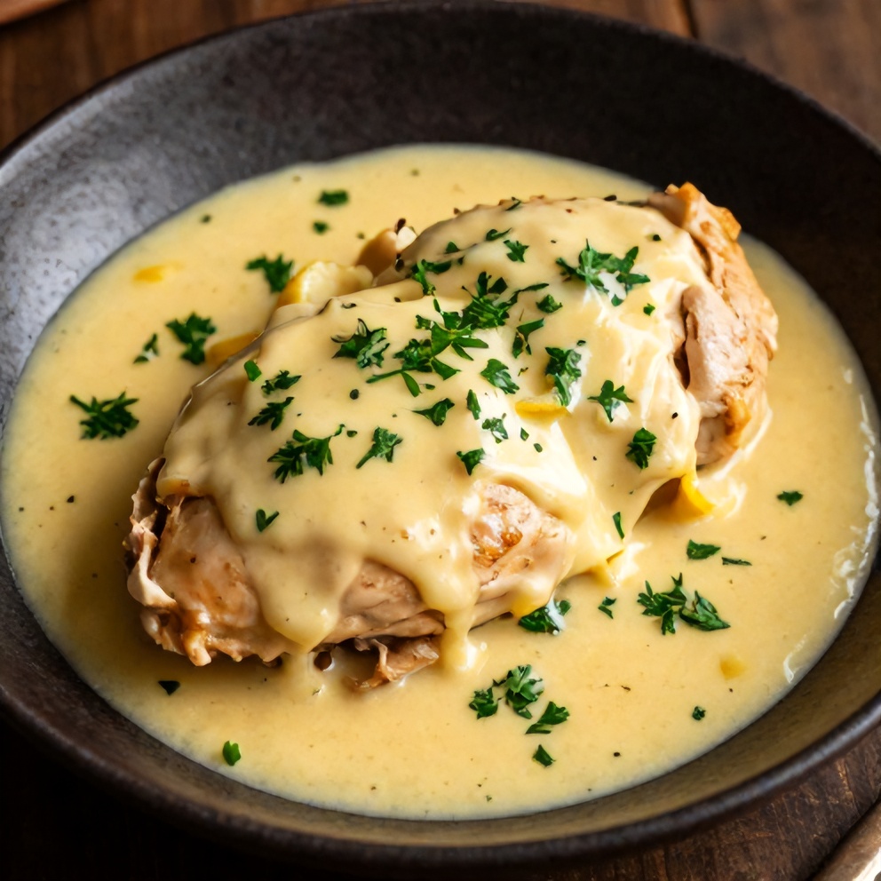 Plated creamy baked lemon butter chicken with parsley garnish