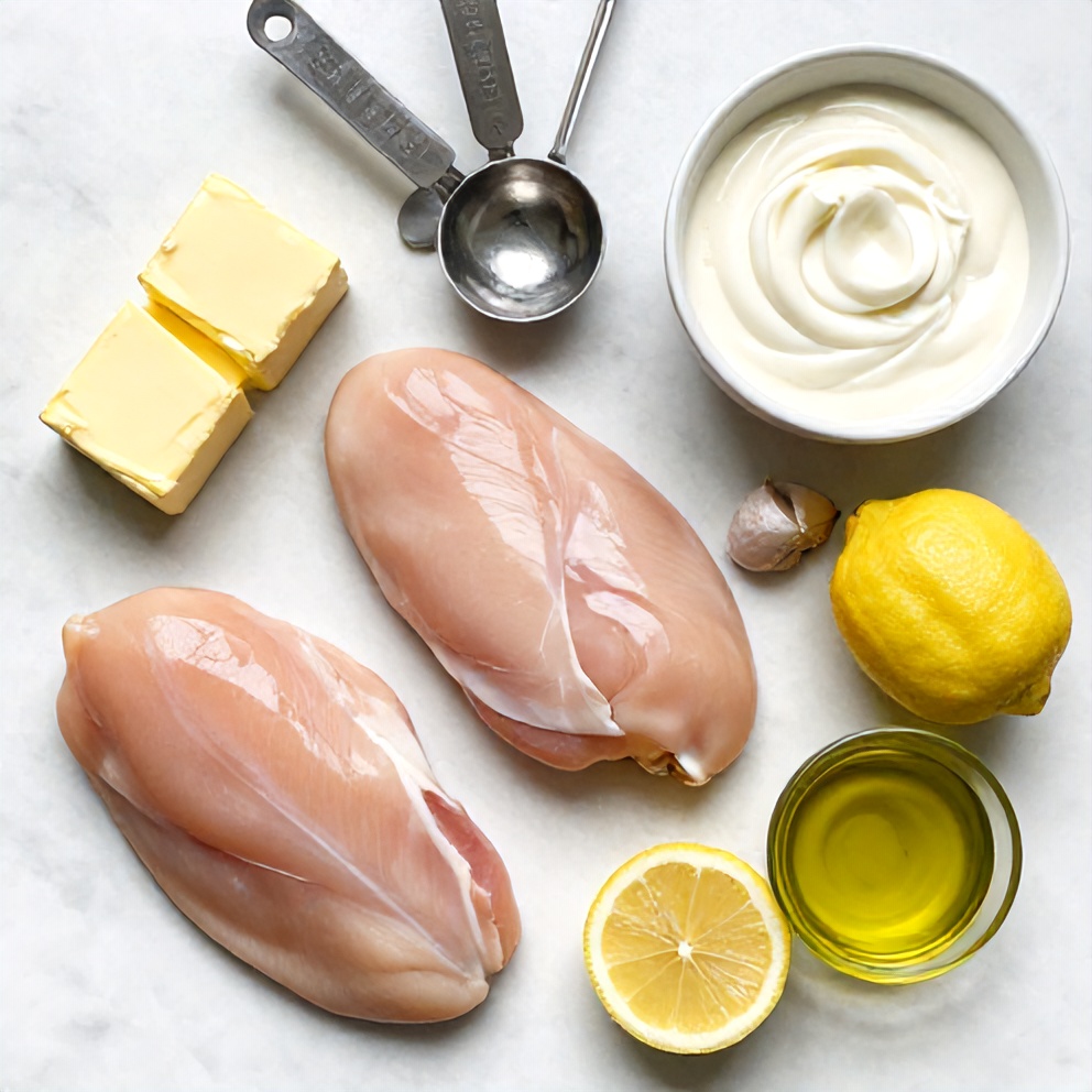 Raw ingredients for creamy baked lemon butter chicken
