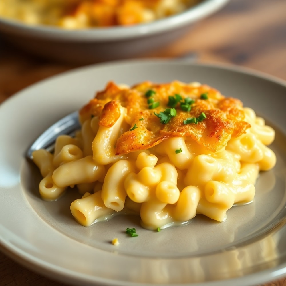 A perfect serving of Creamy Baked Macaroni and Cheese on a plate, with a sprinkle of parsley