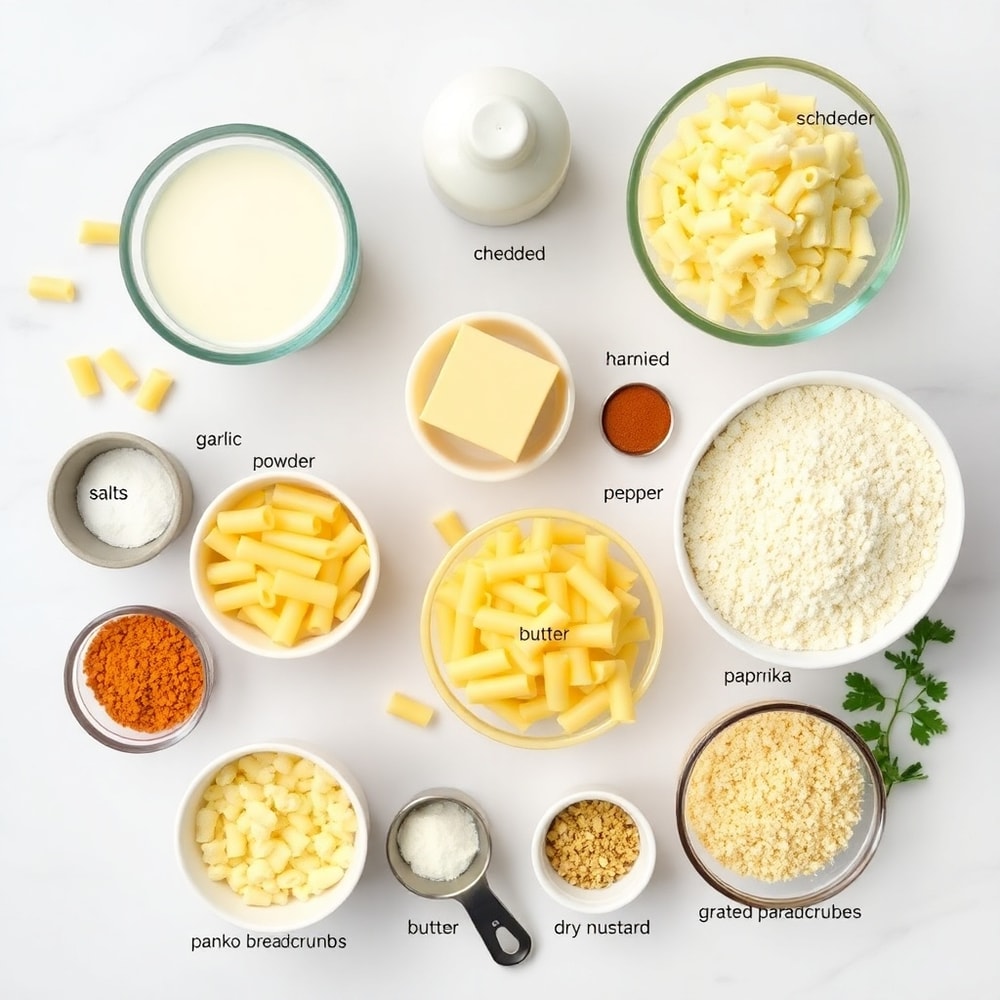 Raw ingredients for Creamy Baked Macaroni and Cheese in an overhead flat lay