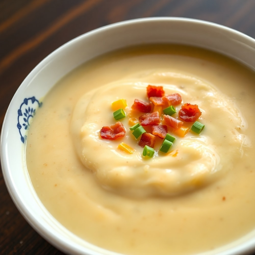 Bowl of creamy baked potato soup with green onions