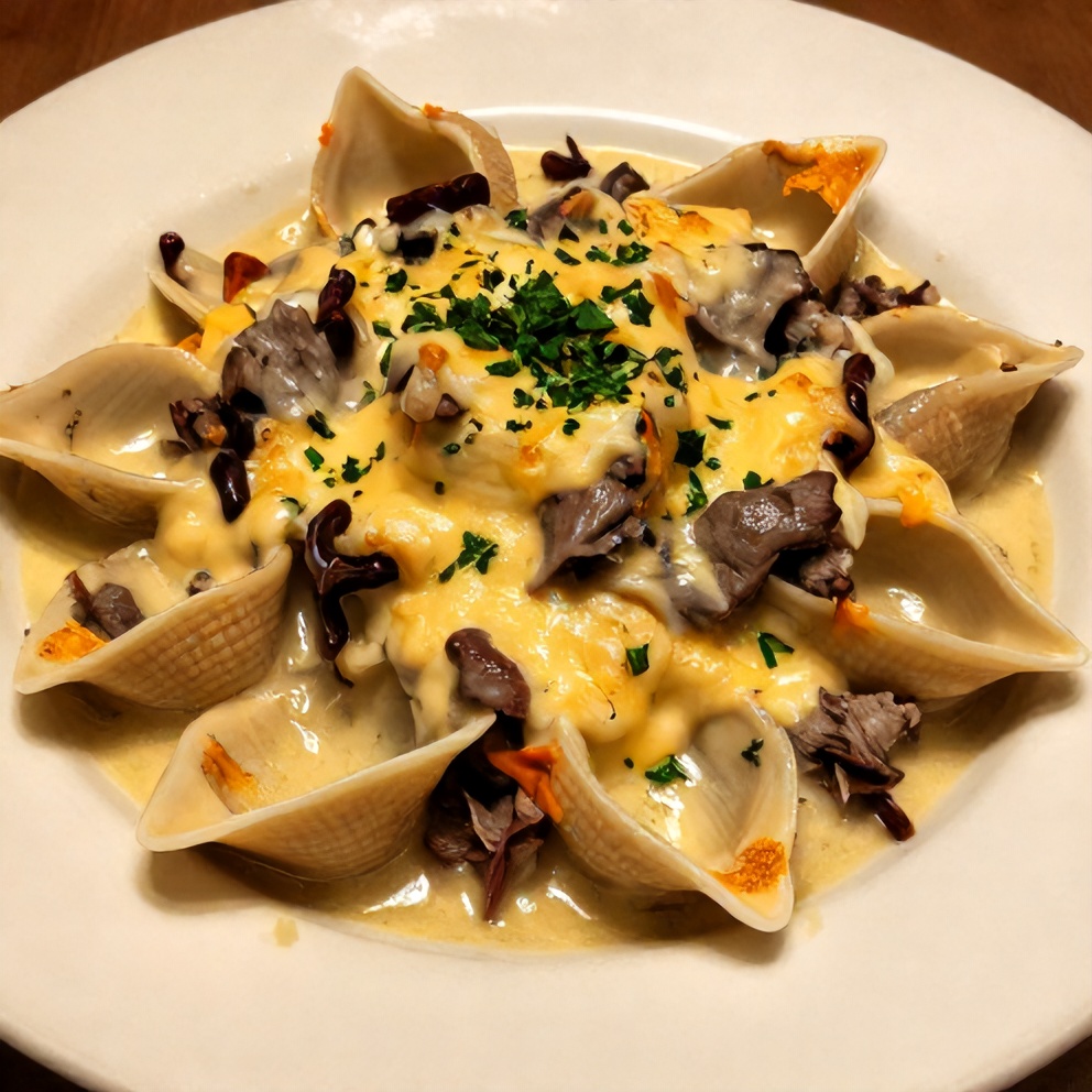 Plated creamy beef and shells with parsley garnish