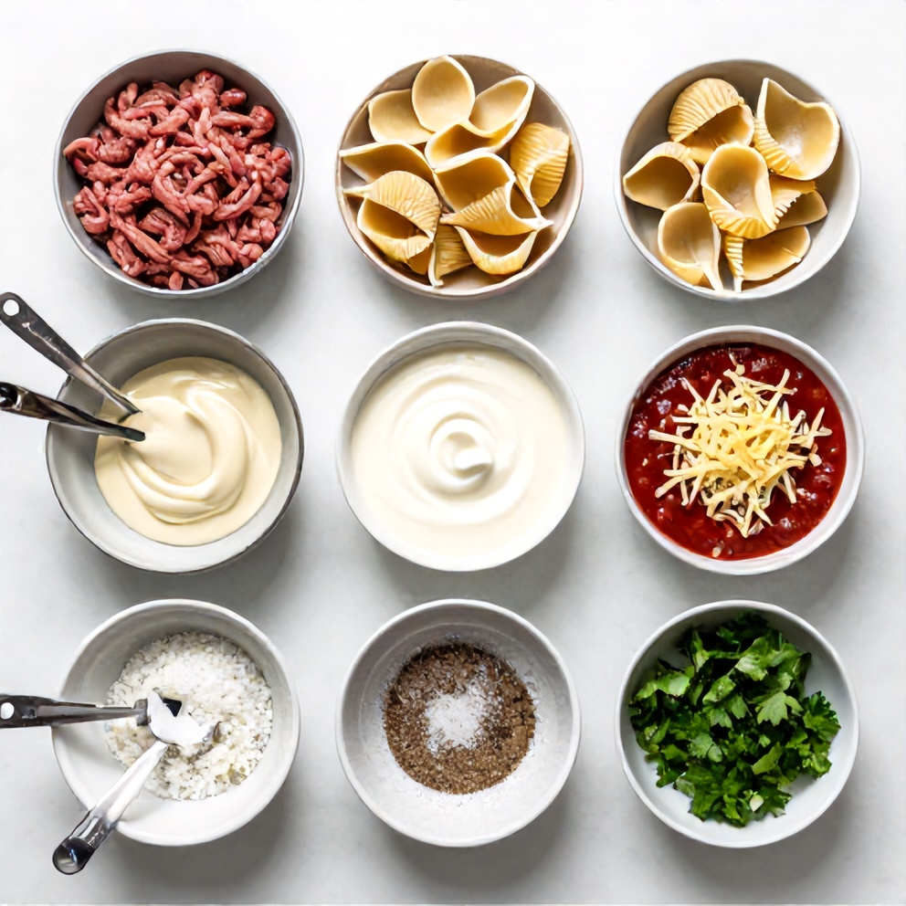 Raw ingredients for creamy beef and shells