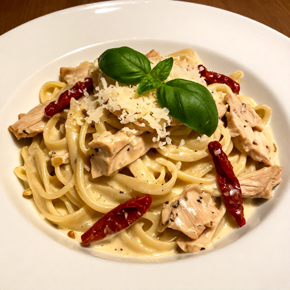 Plated Creamy Chicken Pasta with Sun-Dried Tomatoes