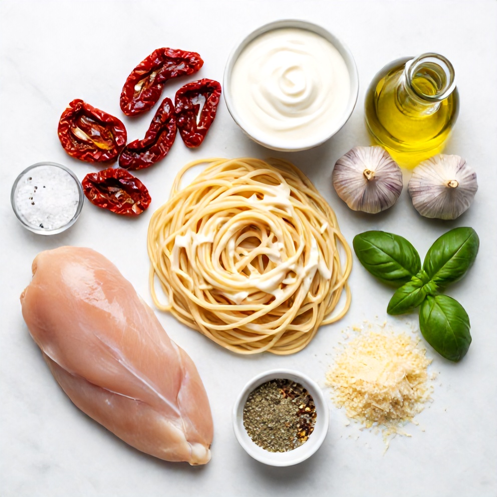 Raw Ingredients for Creamy Chicken Pasta with Sun-Dried Tomatoes