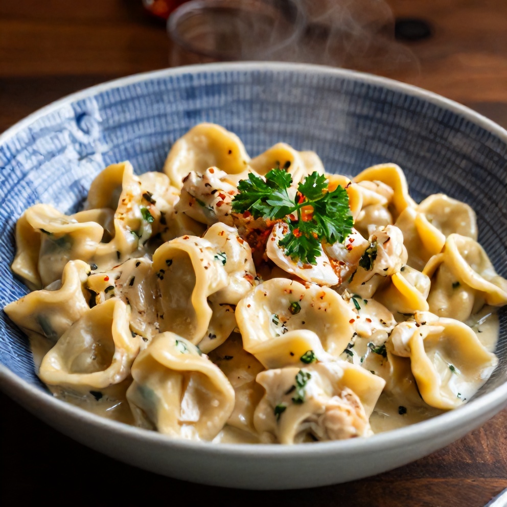 A steaming bowl of creamy chicken tortellini, ready to serve