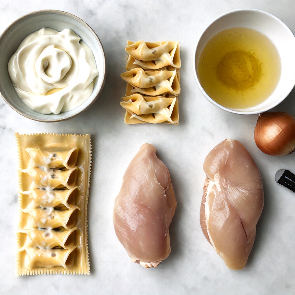 Raw ingredients for creamy chicken tortellini laid out on a wooden surface
