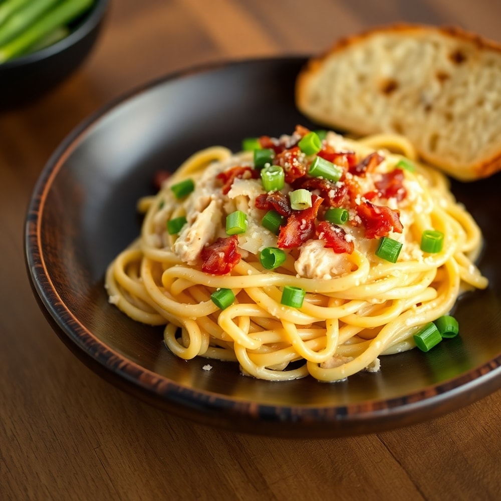 Plated creamy crack chicken pasta with garlic bread