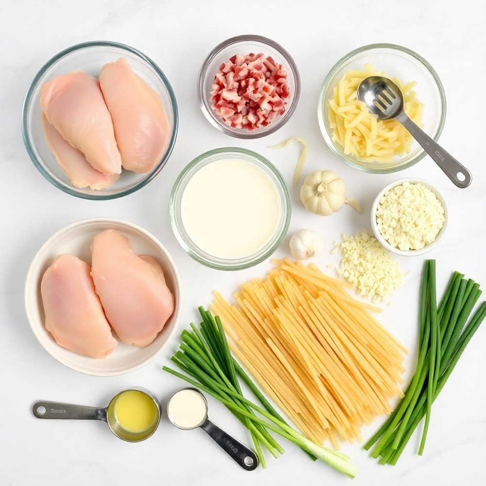 Raw ingredients for creamy crack chicken pasta: chicken breasts, bacon, heavy cream, pasta, garlic, parmesan cheese, etc.