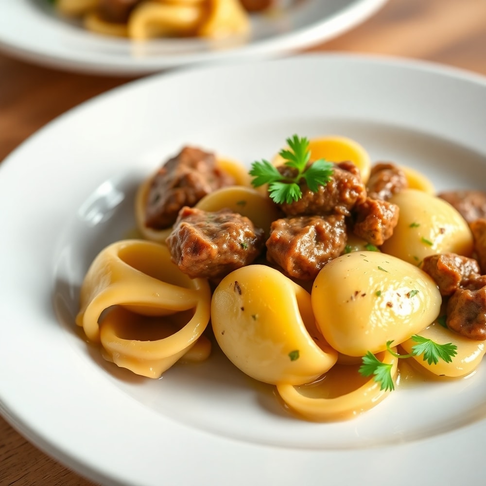 Plated serving of Cracked Garlic Steak Tortellini on a white plate, garnished with fresh parsley.