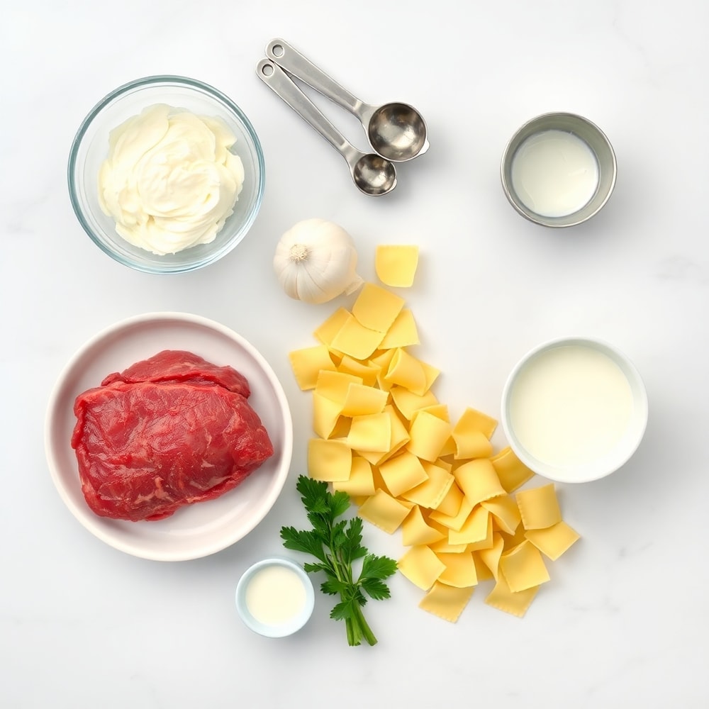 Raw ingredients for Cracked Garlic Steak Tortellini laid out on a white marble surface, including steak, tortellini, garlic, and cream.