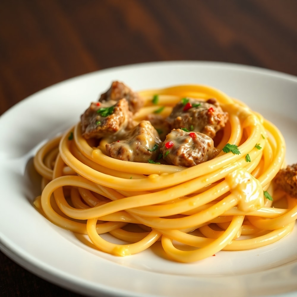 Plated Creamy Garlic Butter Steak Bites with Spicy Cajun Alfredo Twisted Pasta