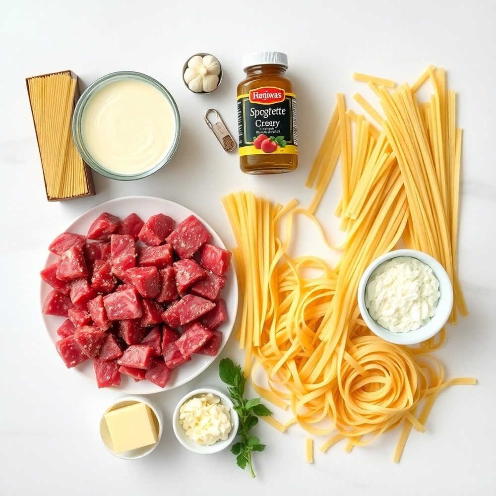 Raw Ingredients for Creamy Garlic Butter Steak Bites with Spicy Cajun Alfredo Twisted Pasta