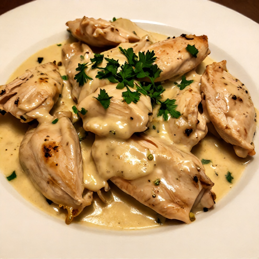Plated creamy garlic chicken thighs with parsley garnish
