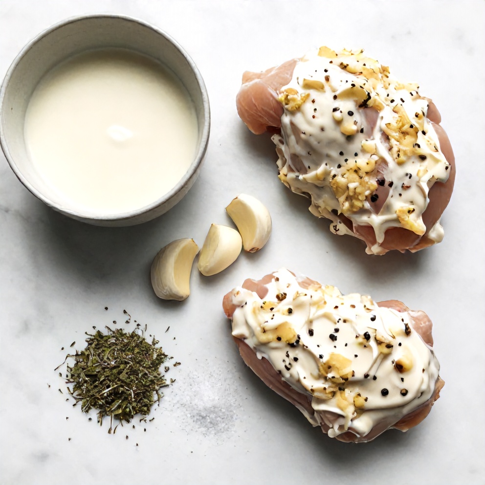 Raw ingredients for creamy garlic chicken thighs