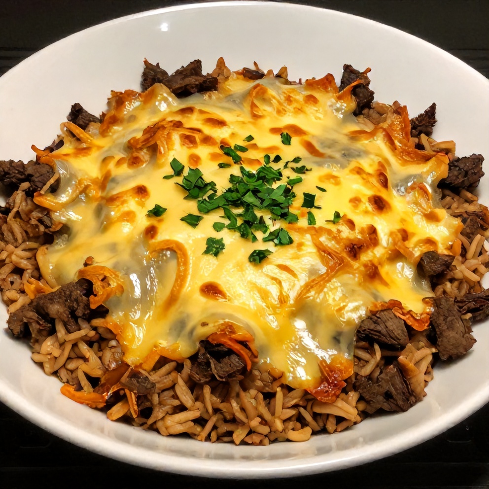Served creamy ground beef rice casserole with melted cheese and crispy edges