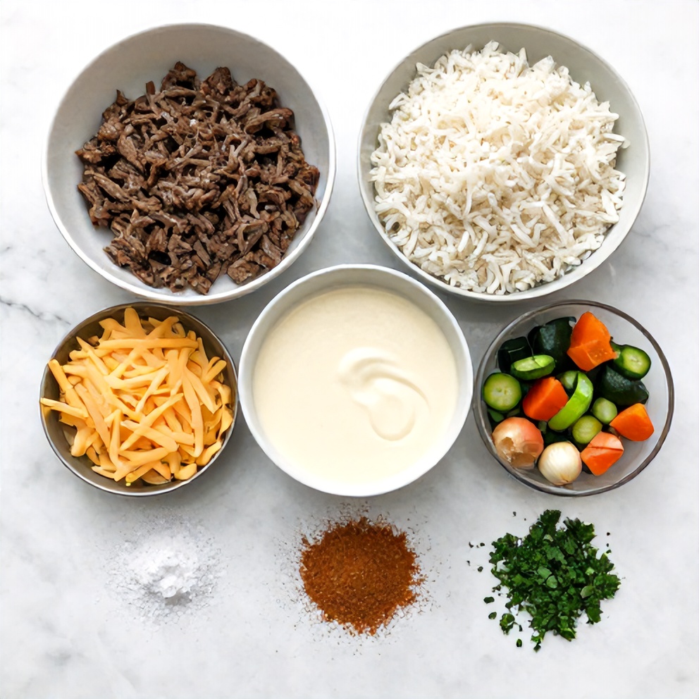 Raw ingredients for creamy ground beef rice casserole laid out