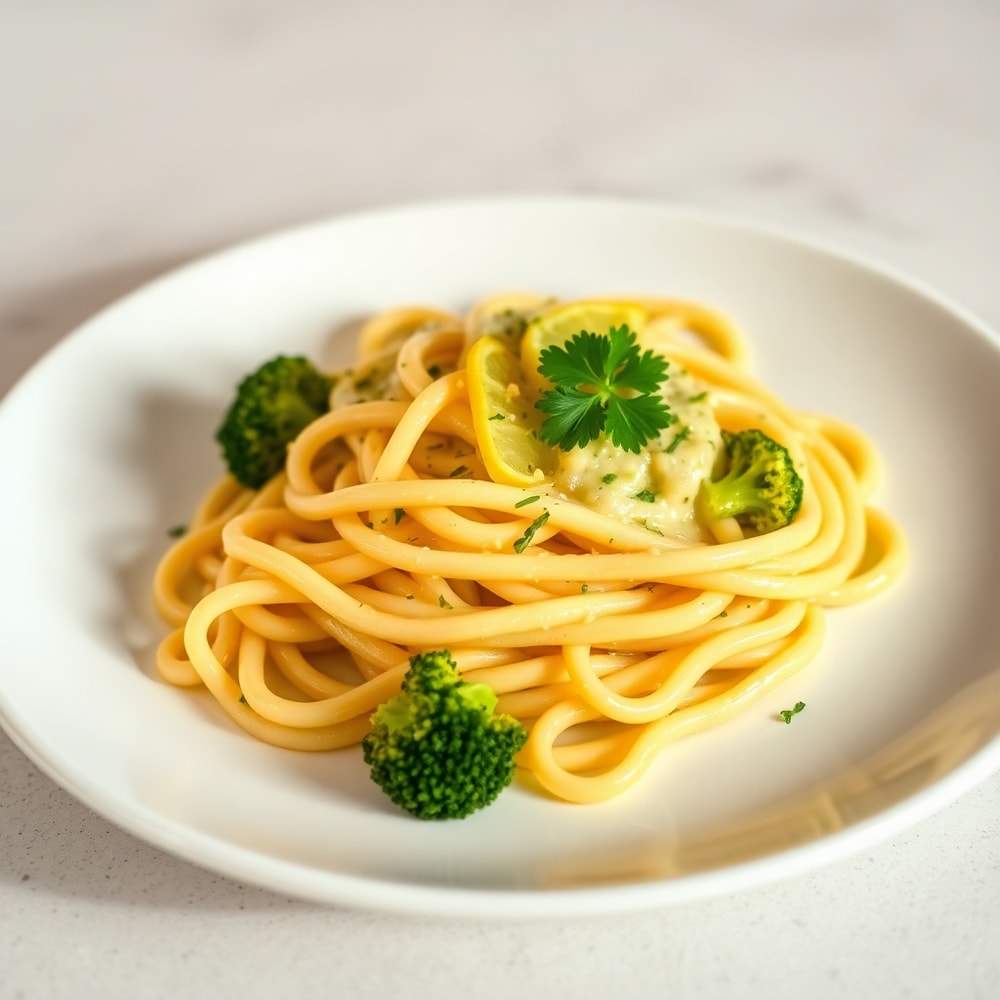 One perfect plated serving of Lemon Broccoli Mafaldine Pasta on a white plate, garnished with fresh parsley, with warm side lighting showing the creamy sauce and tender broccoli.