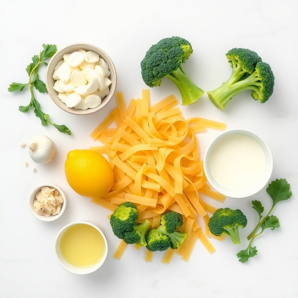 Raw ingredients for Lemon Broccoli Mafaldine Pasta arranged in an overhead flat lay, including mafaldine pasta, broccoli, garlic, lemon, and heavy cream, on a white marble surface with bright even light.