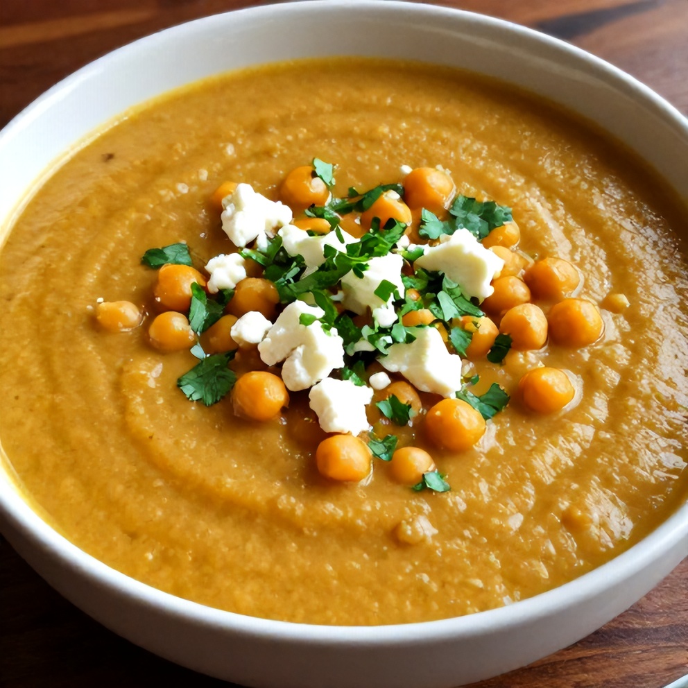 Bowl of Creamy Moroccan Sweet Potato Soup with Chickpeas