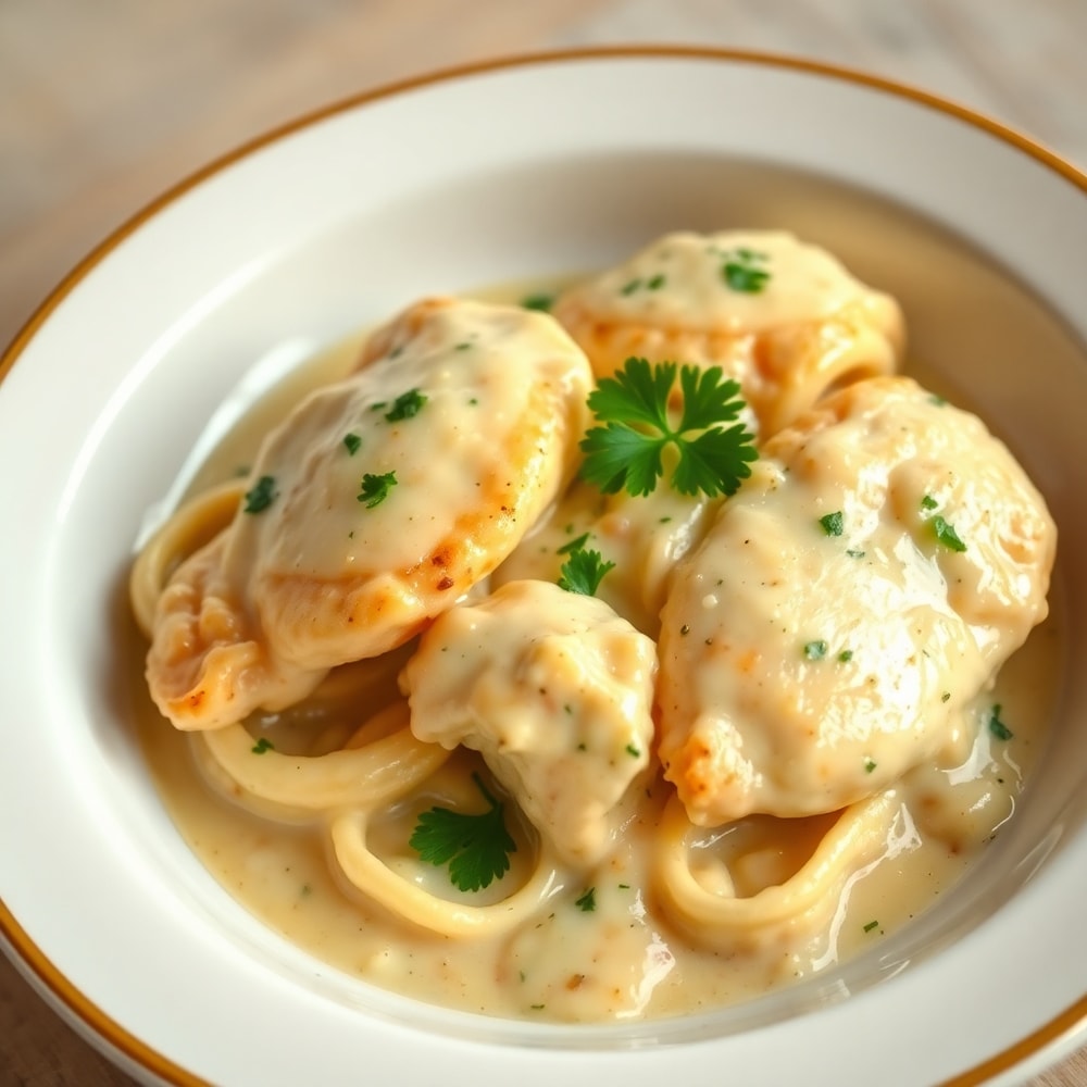 Plated serving of creamy mozzarella garlic butter chicken bowties with parsley garnish