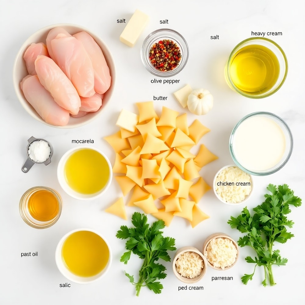 Raw ingredients for creamy mozzarella garlic butter chicken bowties on a marble surface