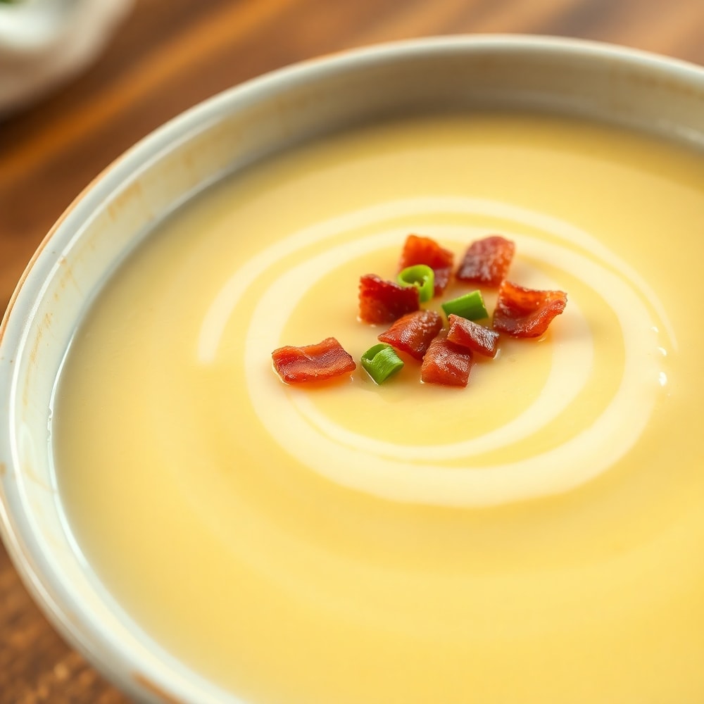 Bowl of creamy potato soup with a swirl of milk