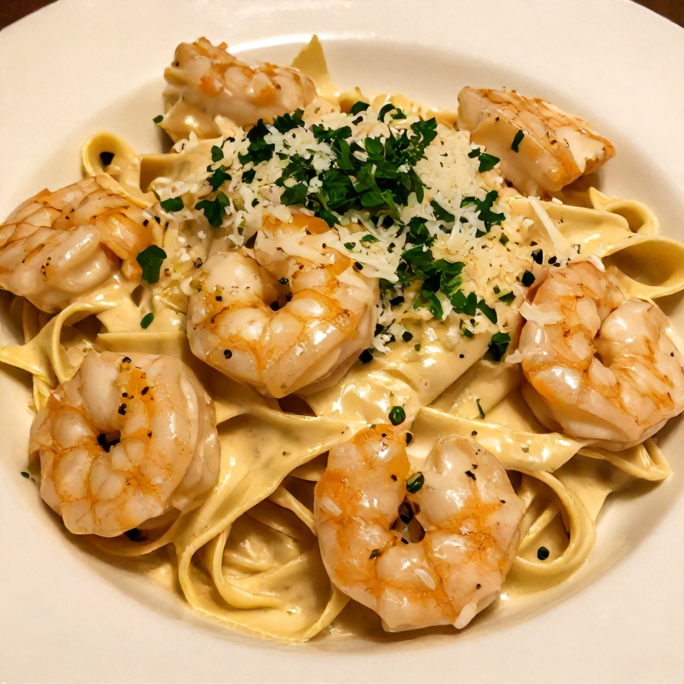 Plated serving of creamy shrimp fettuccine pasta with garlic bread