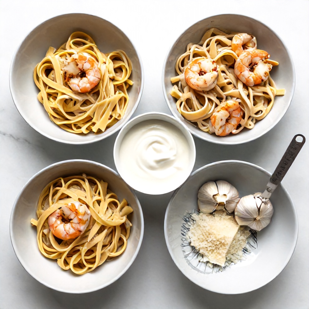 Raw ingredients for creamy shrimp fettuccine pasta arranged on a marble surface