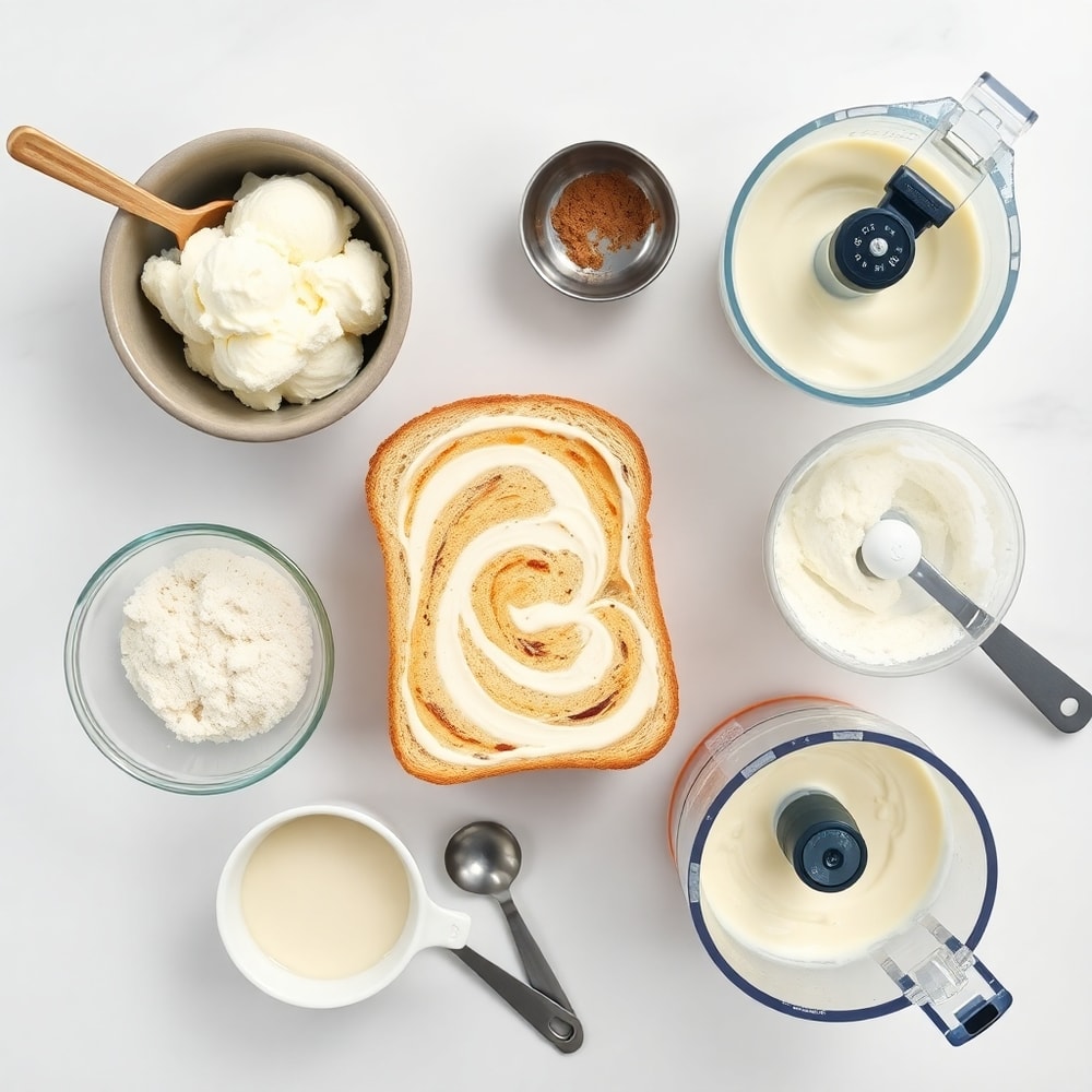 Ice cream, bread, and other ingredients for creamy swirl ice cream bread treat