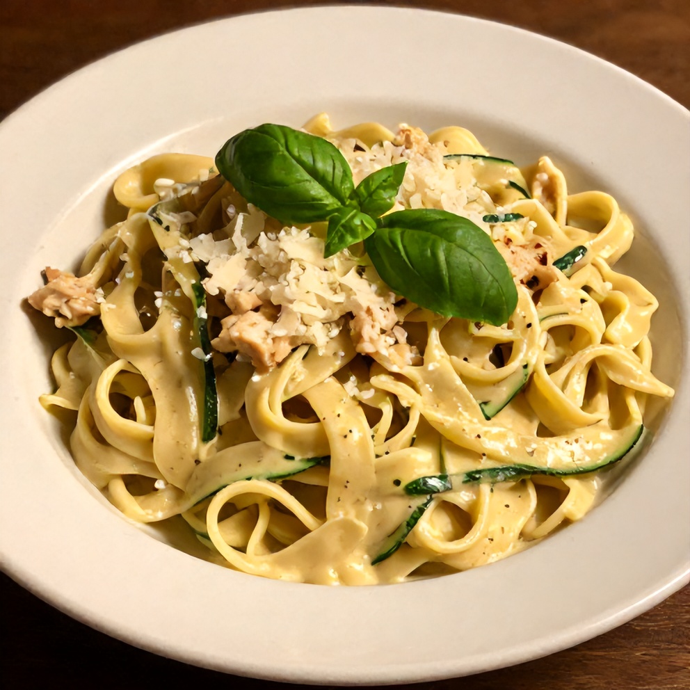 Plated Creamy Zucchini Noodle Chicken Alfredo