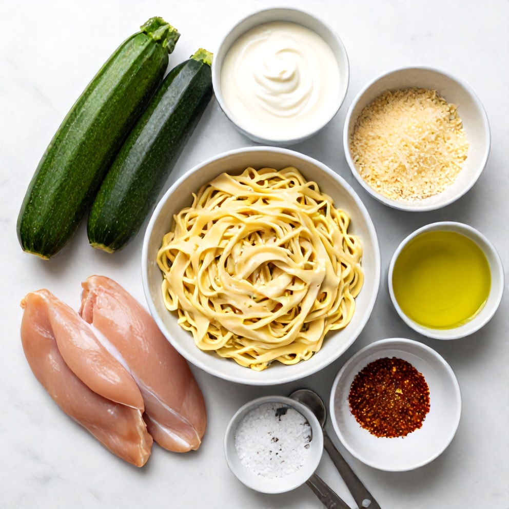 Raw ingredients for Creamy Zucchini Noodle Chicken Alfredo