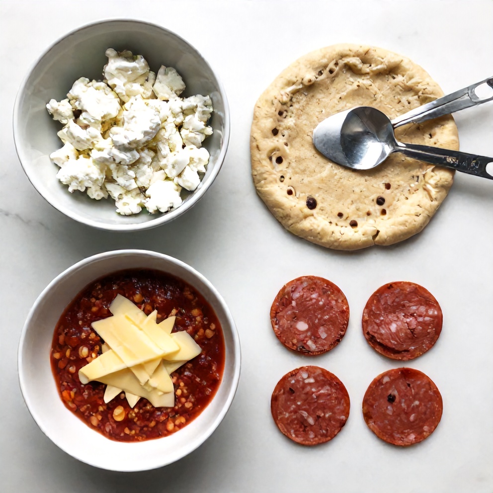 Raw ingredients for cottage cheese pizza bites on a marble surface