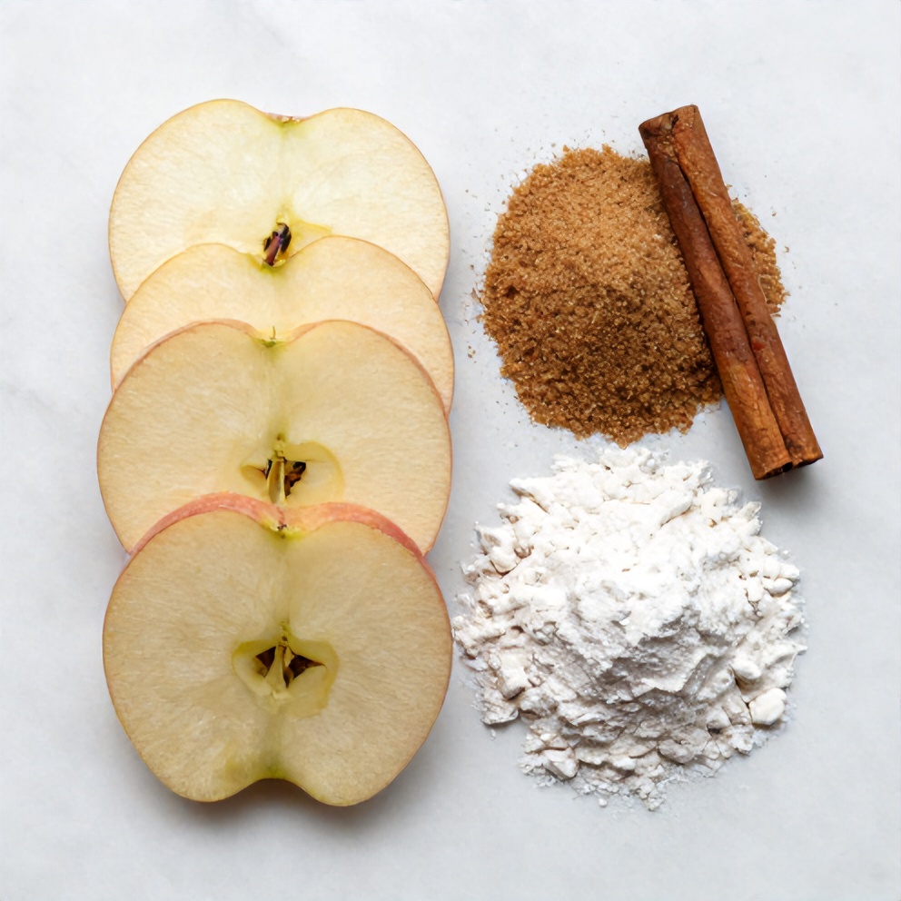 Apple slices, sugar, cinnamon, and flour arranged on a white marble surface