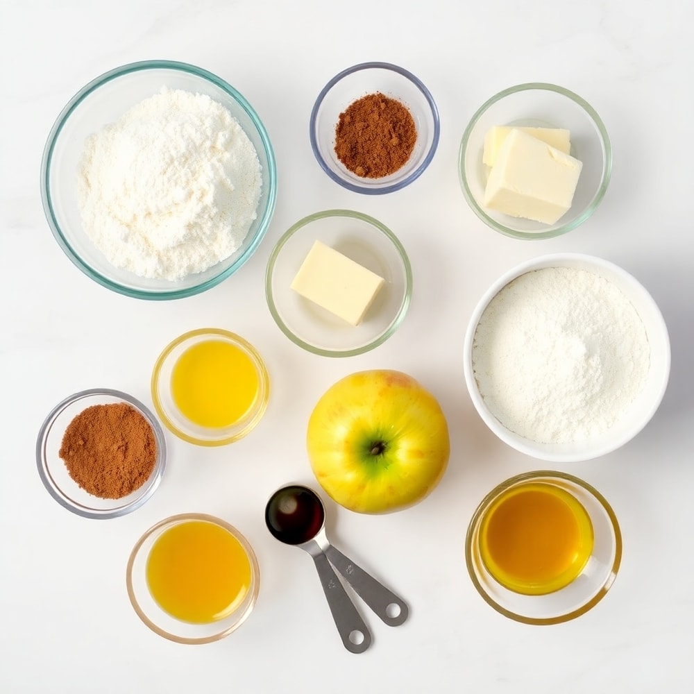 Raw ingredients for Apple Pie Bars on a white marble surface