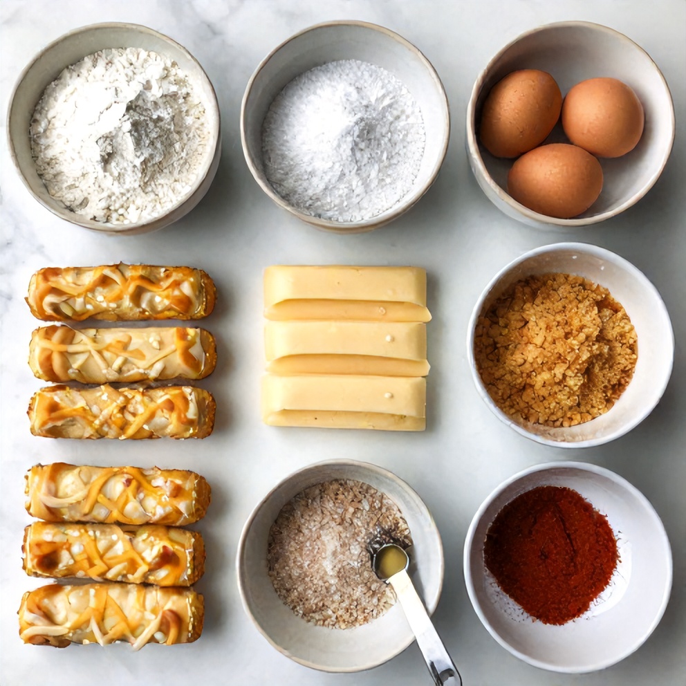 Raw ingredients for Crispy Baked Mozzarella Sticks on a white marble surface