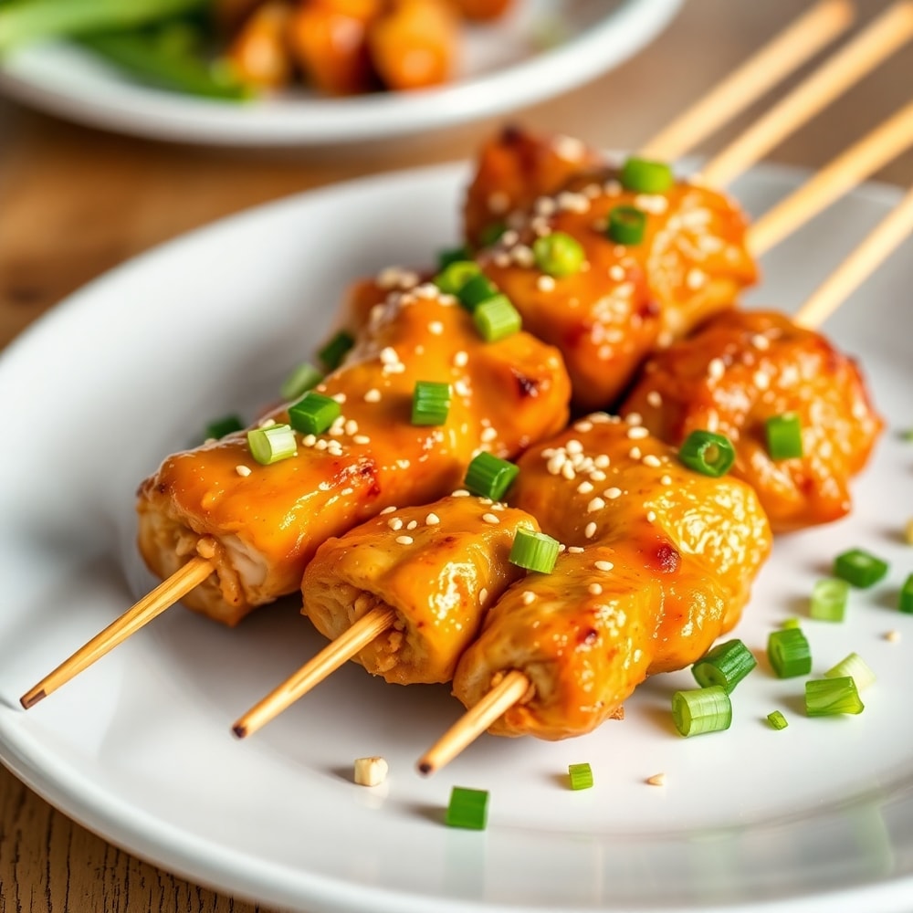 Plated Bang Bang Chicken Skewers