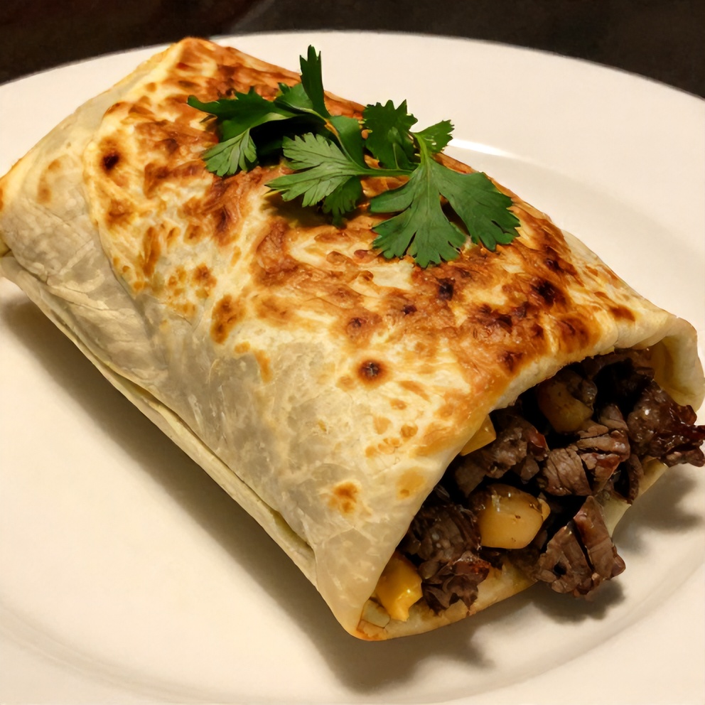One perfect beef cheese burrito on a white plate, garnished with fresh cilantro