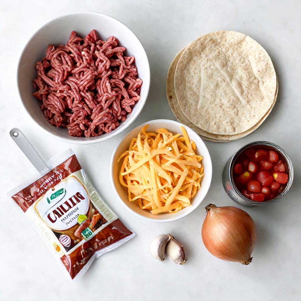 Raw ingredients for beef cheese burritos on a white marble surface