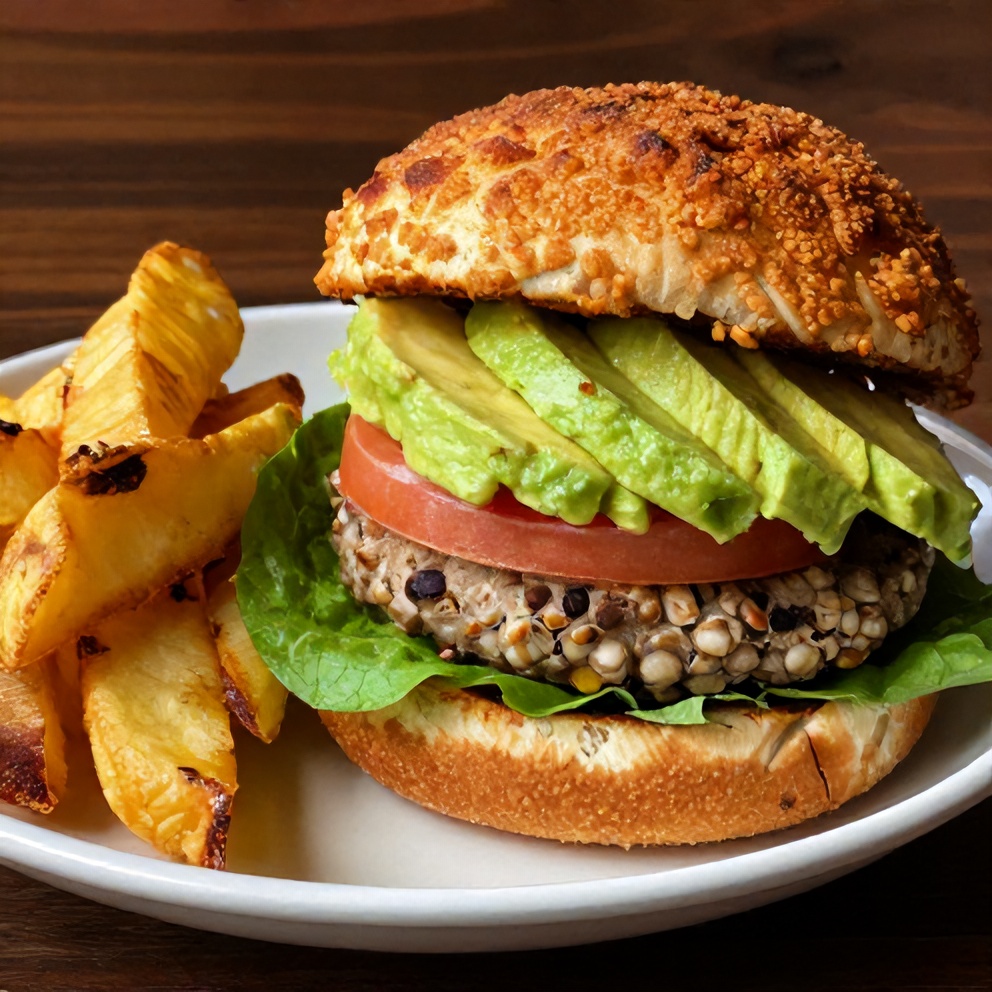 Plated Black Bean Quinoa Burger on a bun with avocado and a side of fries